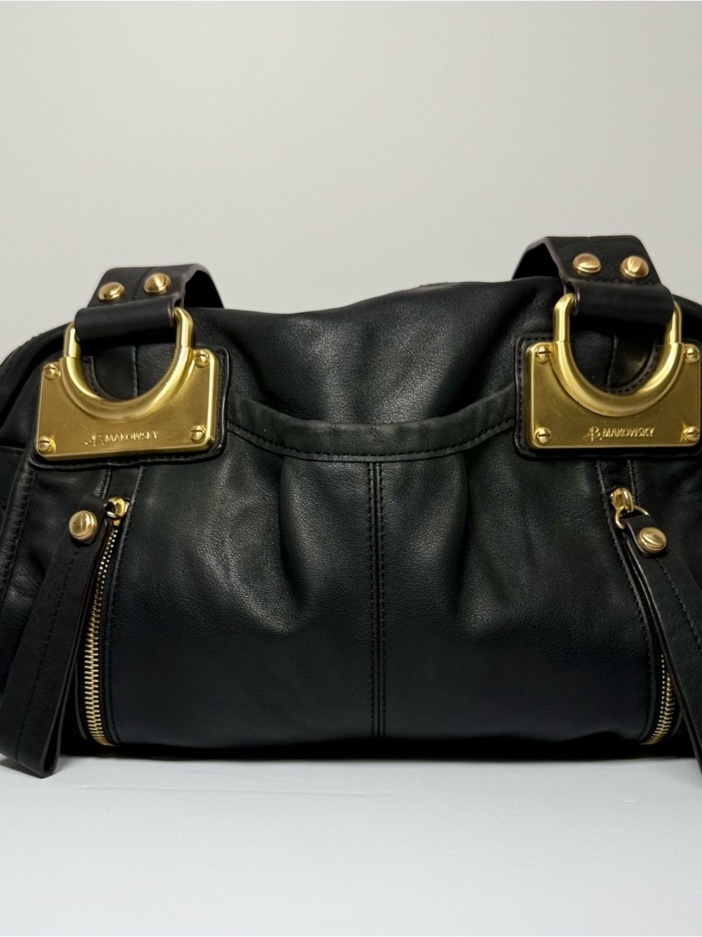 b. makowsky Black Leather Shoulder Bag with Gold Hardware